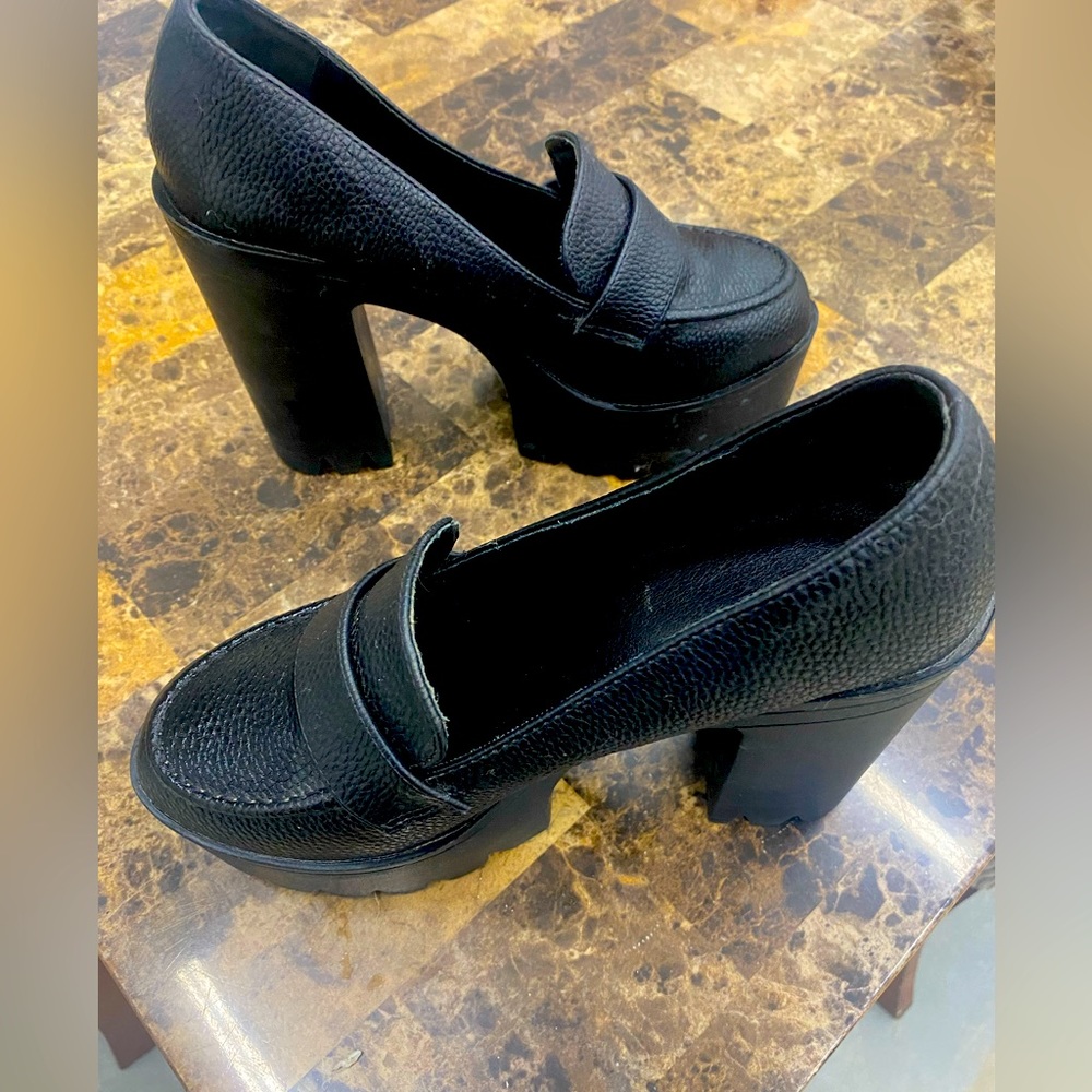 Black stacked loafers